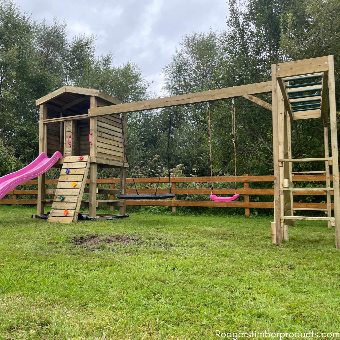 Multi-Play Tower: Swings, Picnic Table, and Monkey Bars Combo